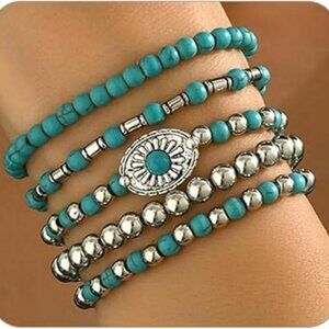 Womens Western Bracelet Boho Turquoise Beaded Stackable Elastic Bracelets Set